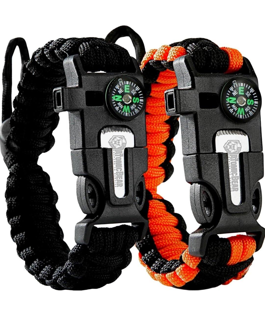 Atomic Bear Paracord Bracelets (Set of 2) - Adjustable with Fire Starter and Loud Whistle - Ideal for Hiking, Camping, Fishing, and Hunting - Black & Black/Orange - Rando Lover