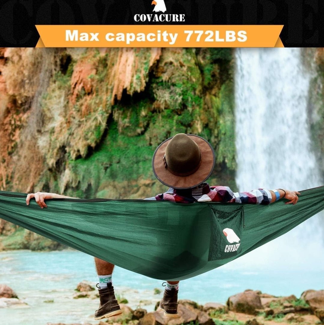 Covacure Camping Hammock – Lightweight Double Hammock with a 772lb Capacity, Portable for Indoor and Outdoor Use, Perfect for Camping, Hiking, Backpacking, Travel, Backyard, and Beach (Dark Green) - Rando Lover