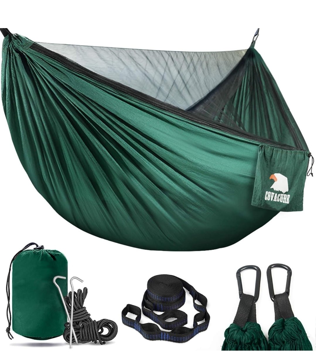 Covacure Camping Hammock – Lightweight Double Hammock with a 772lb Capacity, Portable for Indoor and Outdoor Use, Perfect for Camping, Hiking, Backpacking, Travel, Backyard, and Beach (Dark Green) - Rando Lover