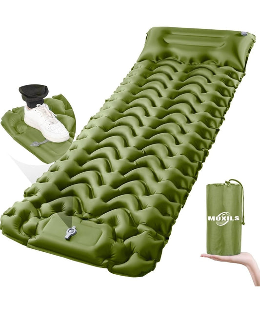 Ultralight Inflatable Sleeping Pad with Built - in Pump, Perfect for Camping and Hiking. Compact and lightweight air mattress in green, includes a carry bag and repair kit for convenience - Rando Lover